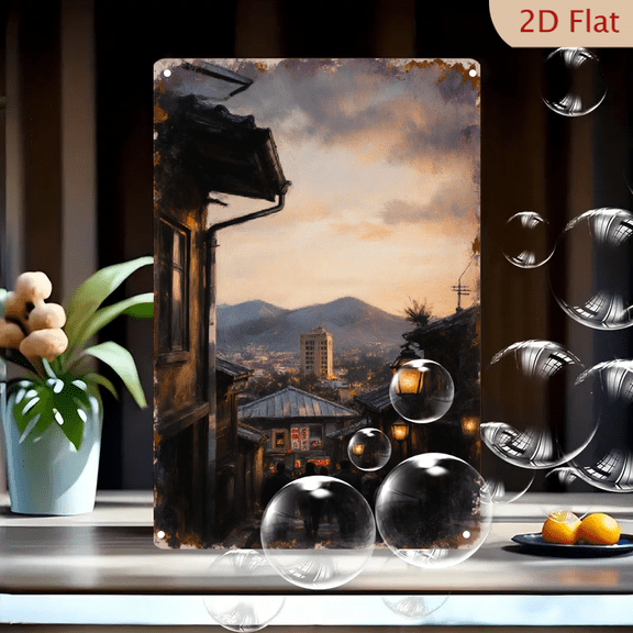 Vintage Japanese Street at Dusk, 8x12 inch Metal Wall Art, Painterly Atmospheric Illustration of Traditional Town with Lanterns and Mountains, Serene Twilight Scene for Home Decor