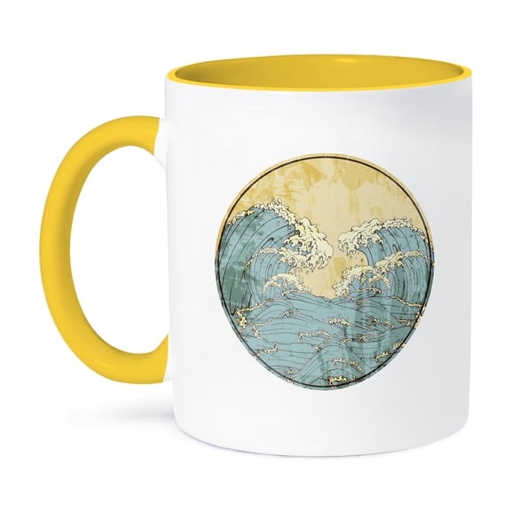 3dRose, Vintage Japanese Style Crashing Tsunami Waves Vector Art, 15oz Two-Tone Yellow Mug