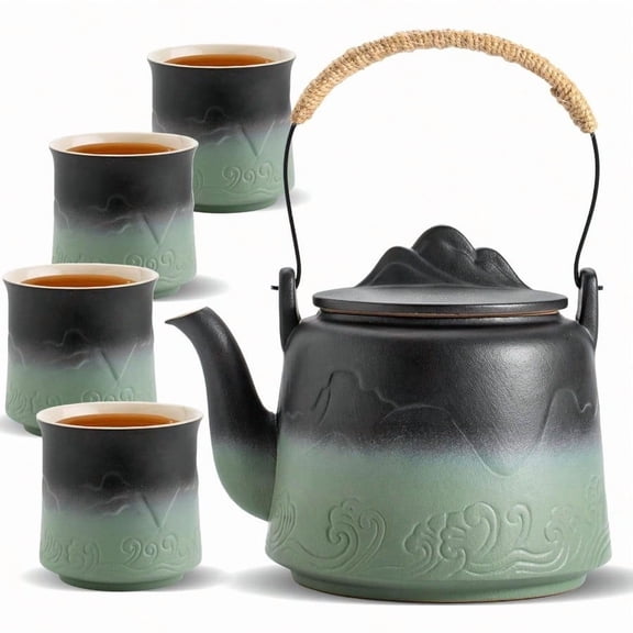 Vintage Japanese Tea Set With 4 Tea Cups 33.8 Oz Embossed Ceramic Loose Leaf Teapot With Builtin Strainers For Tea Steeper Hemp Rope Handle Gradient Japanese Tea Pot For Tea Lovers Gifts