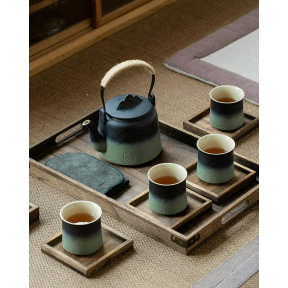 Vintage Japanese Tea Set with 4 Tea Cups, 33.8 oz Embossed Ceramic Loose Leaf Teapot with Built-in Strainers for Tea Steeper, Hemp Rope Handle Gradient Japanese Tea Pot for Tea Lovers Gifts