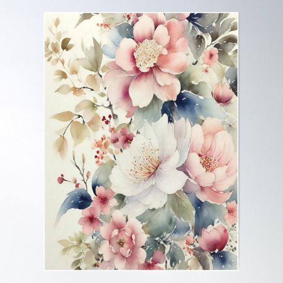 Vintage Japanese Watercolor Floral Painting Poster Wall Art, Modern Wall Decor For Living Room Bedroom, 16x24 UNFRAMED