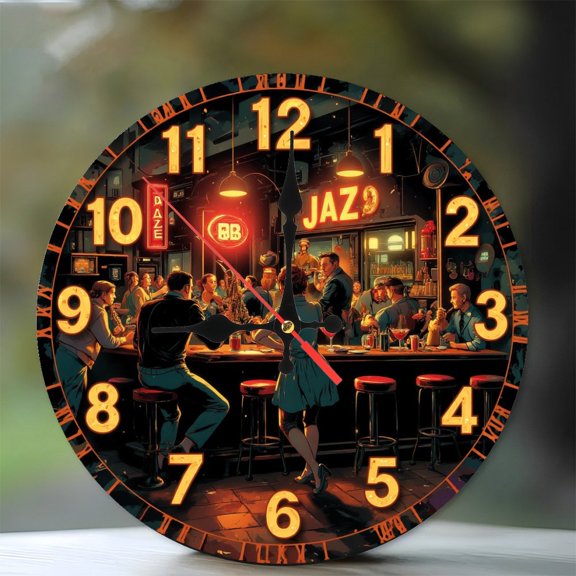 Vintage Jazz Bar Clock Wall Art Decor 10-Inch Silent Wooden Wall Clock, Battery Operated (AA Batteries Not Included), Artistic Home Decor