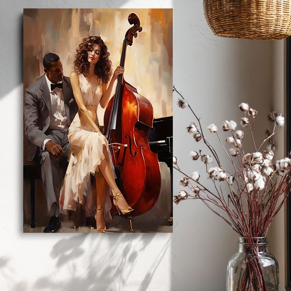 Vintage Jazz Double Bass Duo Canvas Wall Decor Ready to Hang Living Room