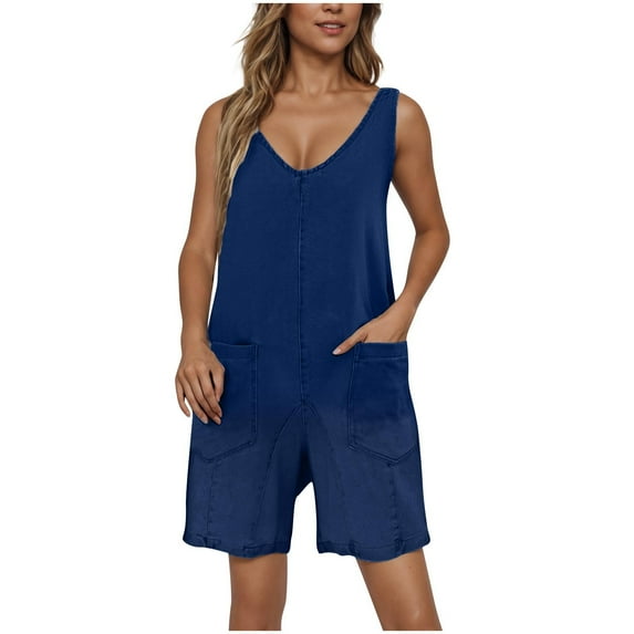 Vintage Jean Jumpsuits V Neck Adjustable Straps Denim Rompers Wide Leg Short Overalls with Pocket