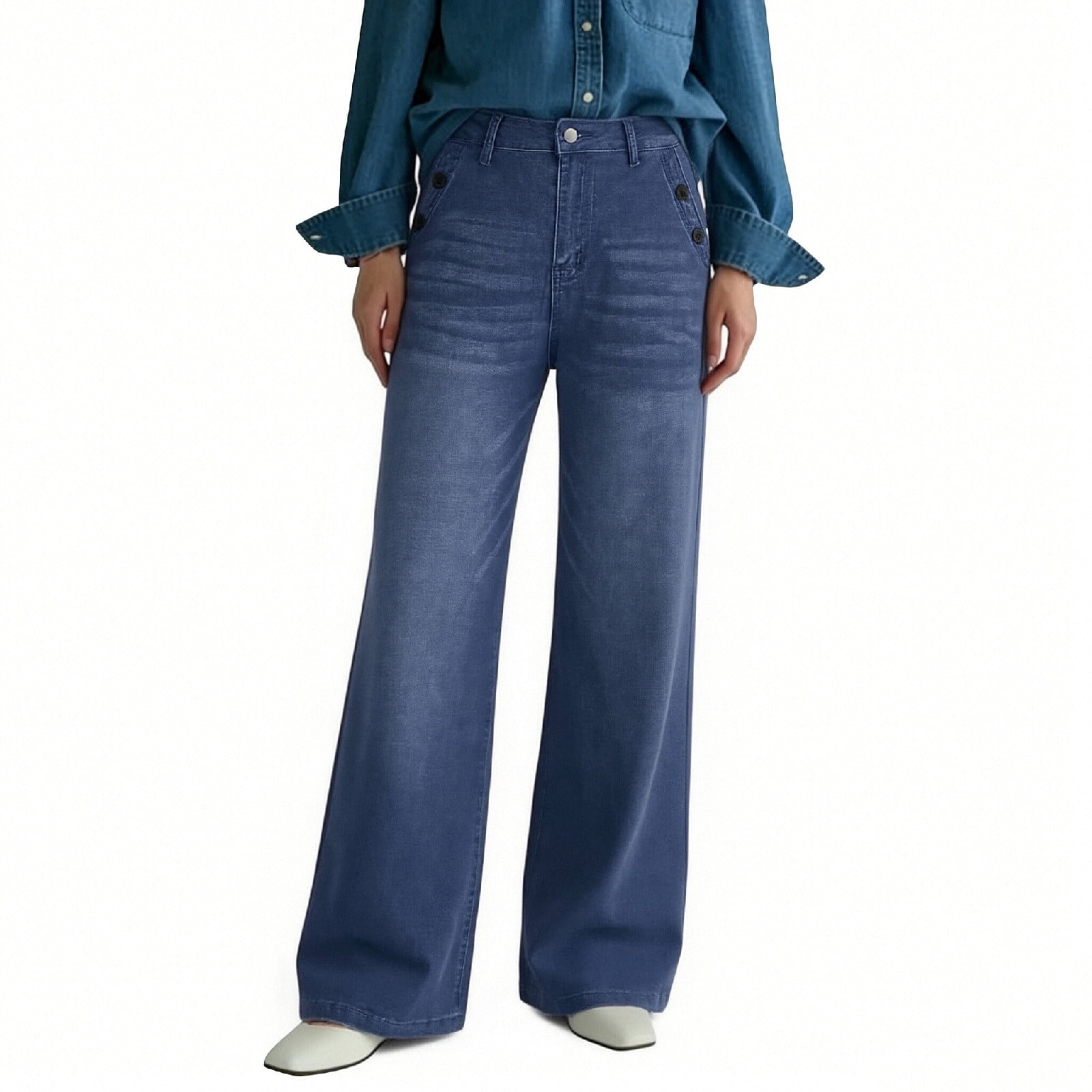 Vintage Jeans for Women Solid High Waited Baggy Wide Leg Jeans Y2K Streetwear Loose Fit Denim Pants with Pockets