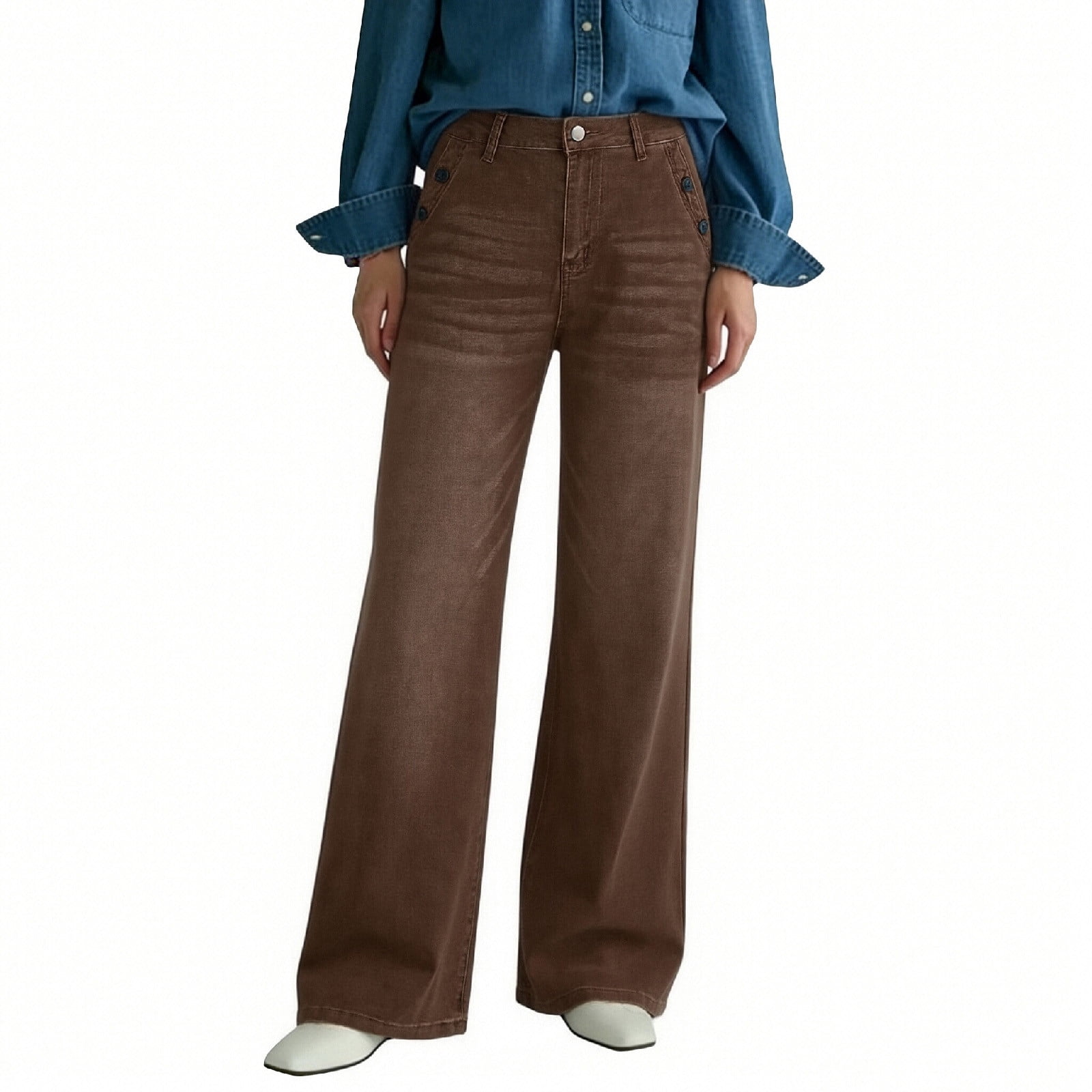 Vintage Jeans for Women Solid High Waited Baggy Wide Leg Jeans Y2K Streetwear Loose Fit Denim Pants with Pockets
