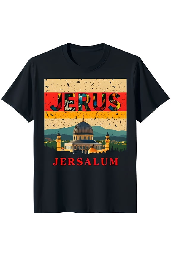 Vintage Jerusalem Building Graphic Black T-Shirt with Bold 'JERUS' Design