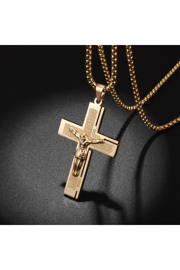 Vintage Jesus Catholic Golden Color Cross Men's Prayer Amulet 14K Yellow Gold Necklace Religious Pendant with Chain Jewelry