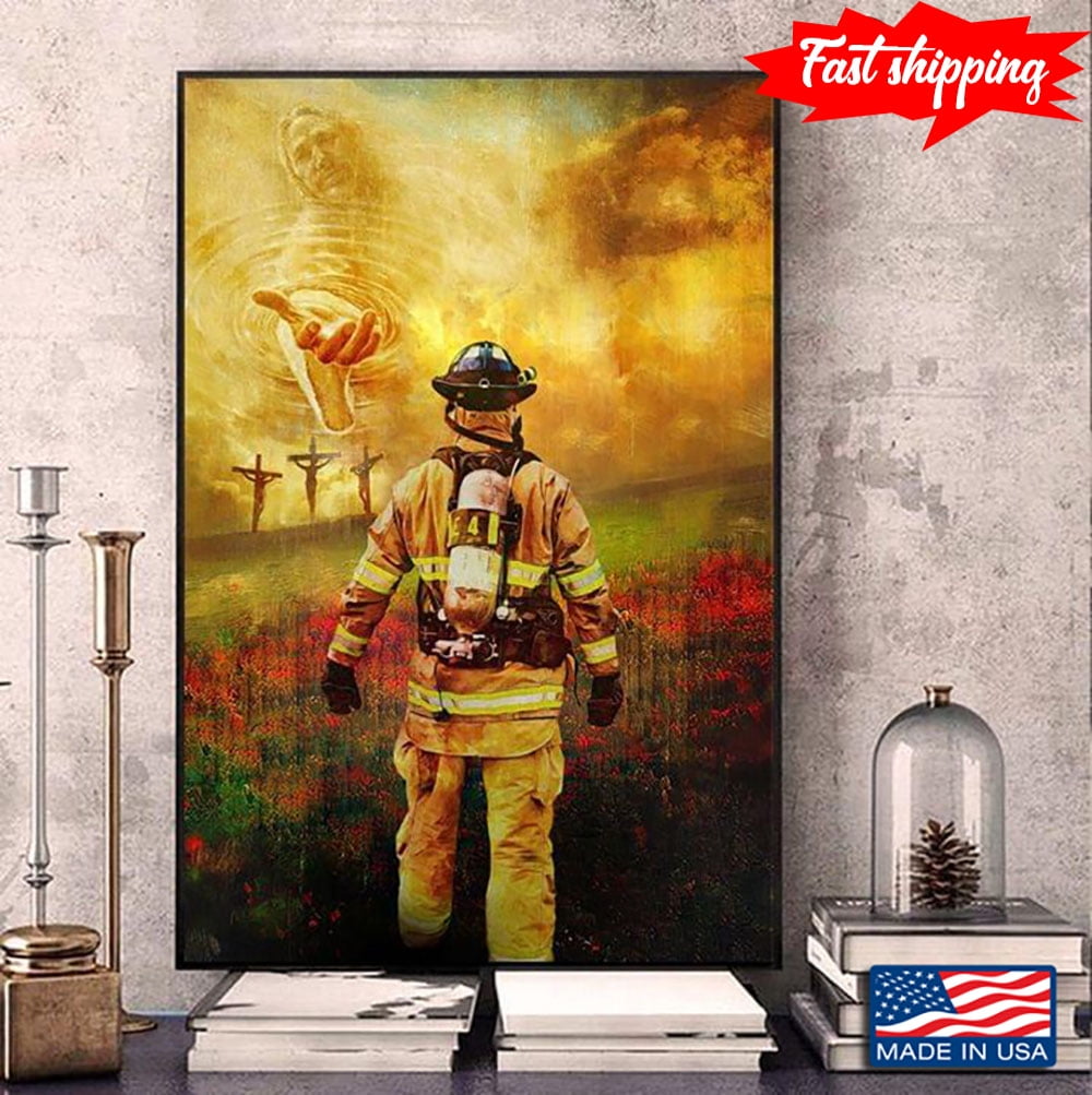 Vintage Jesus Christ Giving His Helping Hand To A Firefighter 16 x 24