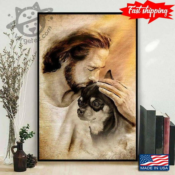 Vintage Jesus Christ Kissing Chihuahua Puppy 11 x 17 Inch Poster