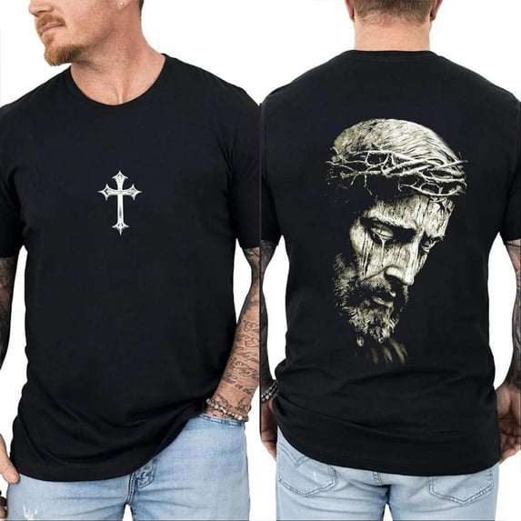 Vintage Jesus Christ Two-Sided Graphic Tee with Crown of Thorns and Cross, Christian Faith Religious Shirt for Men and Women, Sizes S–5XL