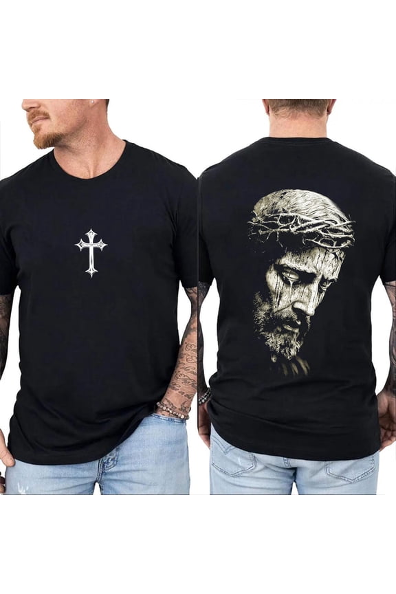 Vintage Jesus Christ Two-Sided Graphic Tee with Crown of Thorns and Cross, Christian Faith Religious Shirt for Men and Women, Sizes S–5XL
