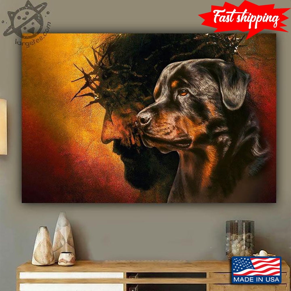 Vintage Jesus Christ With Crown Of Thorns And Rottweiler Dog 16 x 24 ...
