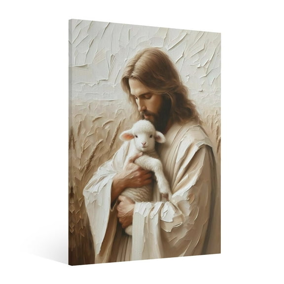 Vintage Jesus and the Lamb Canvas Wall Art Paint Framed, Jesus Pictures Canvas Print Posters Wall Decor, Christian Christmas Wall Art Home Decor for Living & Prayer Room Wall Decor Framed