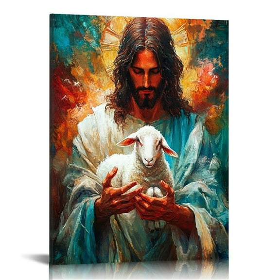 Vintage Jesus and Lamb Canvas Wall Art Print,Christian Jesus Pictures Canvas Print Posters Wall Decor, Religious Christian Gifts Wall Art Home Decor for Church Living Room Dining Room Decor Frame