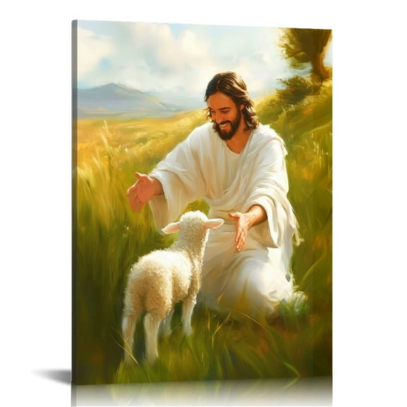 Vintage Jesus and Lamb Canvas Wall Art Print,Christian Pictures Canvas Print Posters Wall Decor, Religious Christian Gifts Wall Art Home Decor for Church Living Room Dining Room Decor Framed