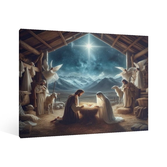 Vintage Jesus Nativity Scene Canvas Wall Art Paint Framed , Christian Watercolor Jesus Wall Art Decor,Christmas Wall Religious Artwork for Home Living ,Bedroom Wall Decor