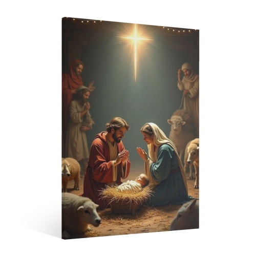 Vintage Jesus Nativity Scene Canvas Wall Art Paint Framed , Christian Watercolor Jesus Wall Art Decor,Christmas Wall Religious Artwork for Home Living Room,Bedroom Wall Decor