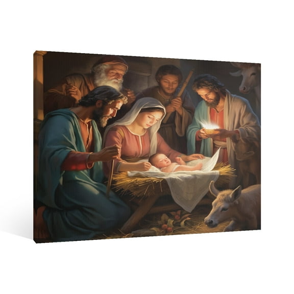Vintage Jesus Nativity Scene Canvas Wall Art Paint Framed , Christian Watercolor Jesus Wall Art Decor,Christmas Wall Religious Artwork for Home Living Room,Bedroom Wall Decor