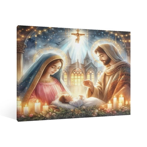 Vintage Jesus Nativity Scene Canvas Wall Art Paint Framed , Christian Watercolor Jesus Wall Art Decor,Christmas Wall Religious Artwork for Home Living Room,Bedroom Wall Decor