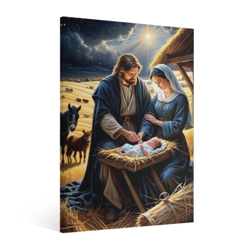 Vintage Jesus Nativity Scene Canvas Wall Art Paint Framed , Christian Watercolor Jesus Wall Art Decor,Christmas Wall Religious Artwork for Home Living Room,Bedroom Wall Decor