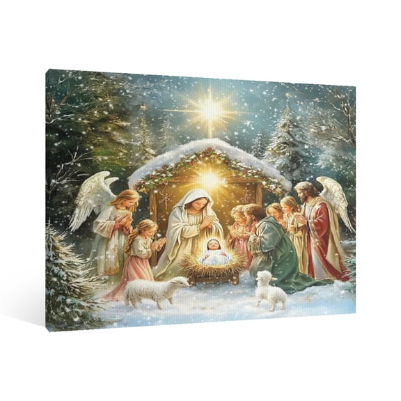 Vintage Jesus Nativity Scene Canvas Wall Art Paint Framed , Christian Watercolor Jesus Wall Art Decor,Christmas Wall Religious Artwork for Home Living Room,Bedroom Wall Decor