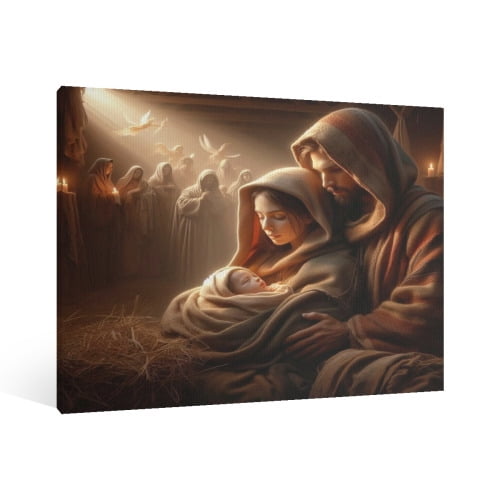 Vintage Jesus Nativity Scene Canvas Wall Art Paint Framed , Christian Watercolor Jesus Wall Art Decor,Christmas Wall Religious Artwork for Home Living Room,Bedroom Wall Decor
