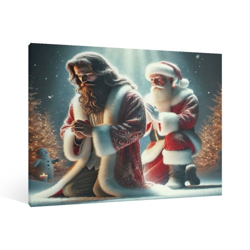 Vintage Jesus，Santa Claus Canvas Wall Art Paint Framed, Jesus Pictures Canvas Print Posters Wall Decor, Christian Christmas Wall Art Home Decor for Living & Prayer Room Bedroom Wall Decor Framed