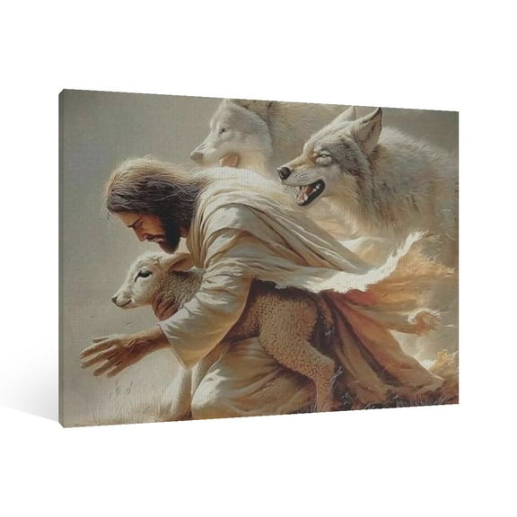Vintage Jesus embraces the lamb Wall Art Paint Framed, Jesus Pictures Canvas Print Posters Wall Decor, Christian Christmas Wall Art Home Decor for Living & Prayer Room Bedroom Wall Decor Framed