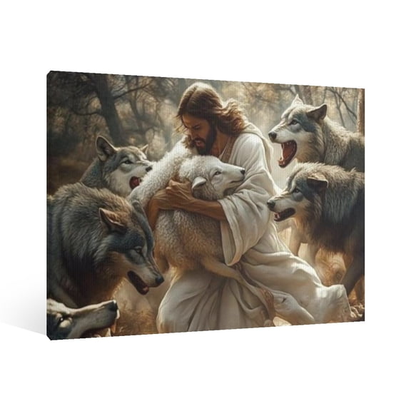 Vintage Jesus saves the lamb Canvas Wall Art Paint, Jesus Pictures Canvas Print Posters Wall Decor, Christian Christmas Wall Art Home Church Decor for Living & Prayer Room Bedroom Wall Decor Framed
