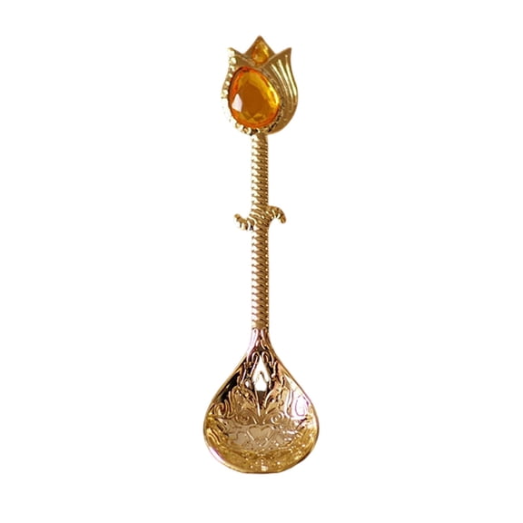 Vintage Jewel Handle Dessert Spoon - 12.5cm Elegant Gold-Plated Stainless Steel Spoon, Emerald Decor Spoon for Ice Cream/Pudding/Coffee, Retro Kitchen Dining Utensil