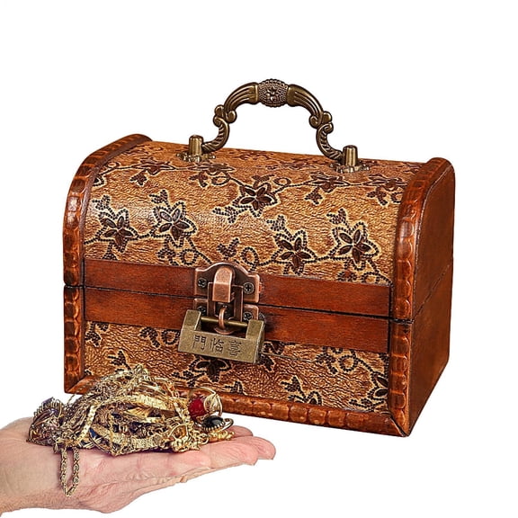 Vintage Jewellery Box, Small Wooden Storage Box, Retro Style Pirate Chest with Key - Treasure Storage with Lock, Antique Jewelry Keepsake Container with Lock and Lid.