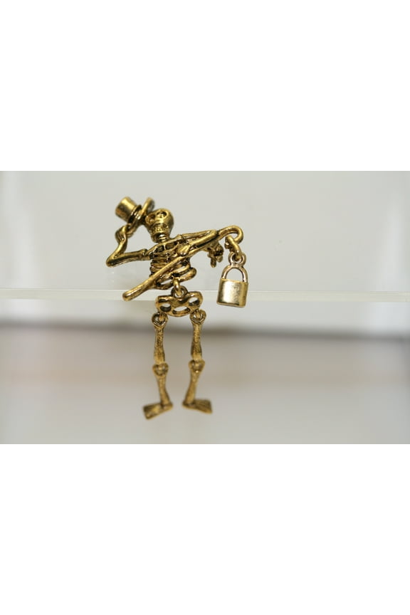 Vintage Jewelry Adorable Antique Gold Tone Moveable Skeleton Halloween Pin Brooch