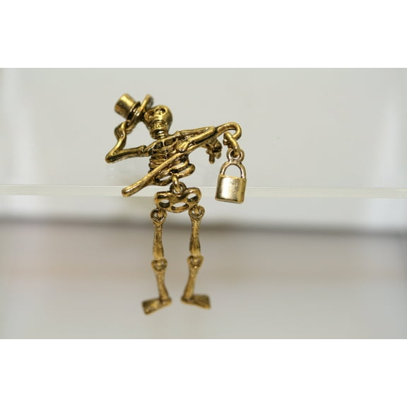 Vintage Jewelry Adorable Antique Gold Tone Moveable Skeleton Halloween Pin Brooch