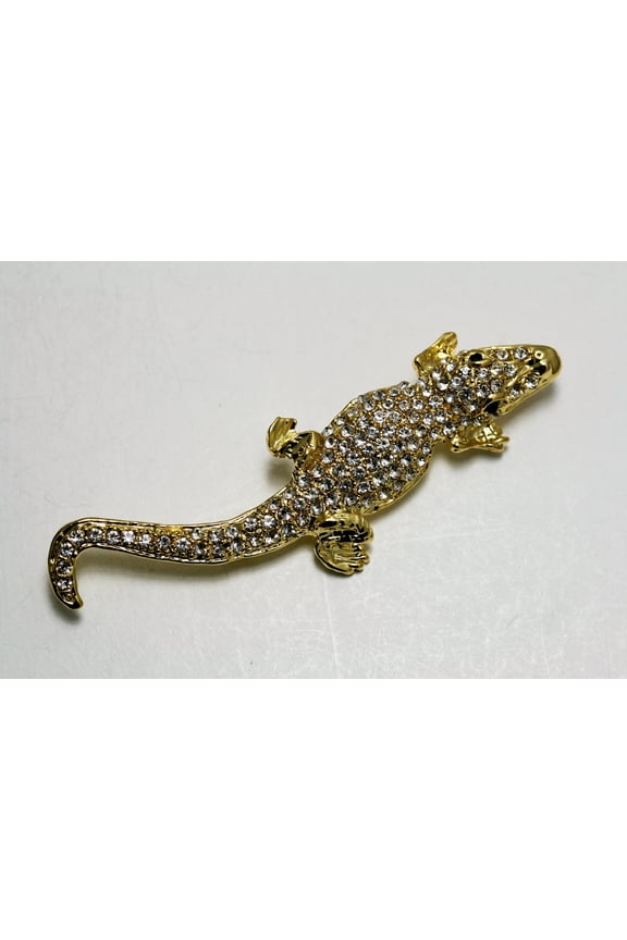 Vintage Jewelry Beautiful Gold Tone and Rhinestone Alligator Pin Brooch, Crocodile Brooch, Animal Brooch, Lizard Brooch