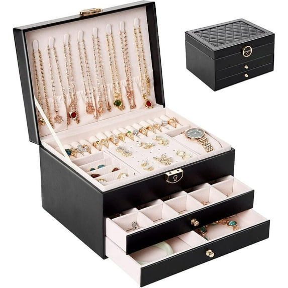 Vintage Jewelry Organizer Box for Ring and Necklace, Large PU Leather Earring Organizer Holder of the drawer for Christmas Birthday Valentine Gift -Black