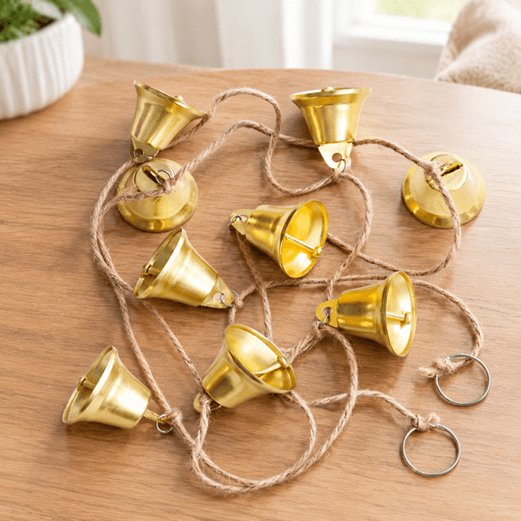 Vintage Jingle Bells Hanging String, 9 Polished Brass Bells Decorative Hanging Wind Chimes Decoration Gifts for Home and Garden Decor (53 inches Long)