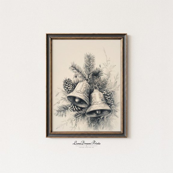 Vintage Jingle Bells Wall Art Christmas Drawing Rustic Pine Cones Sketch Decor Neutral