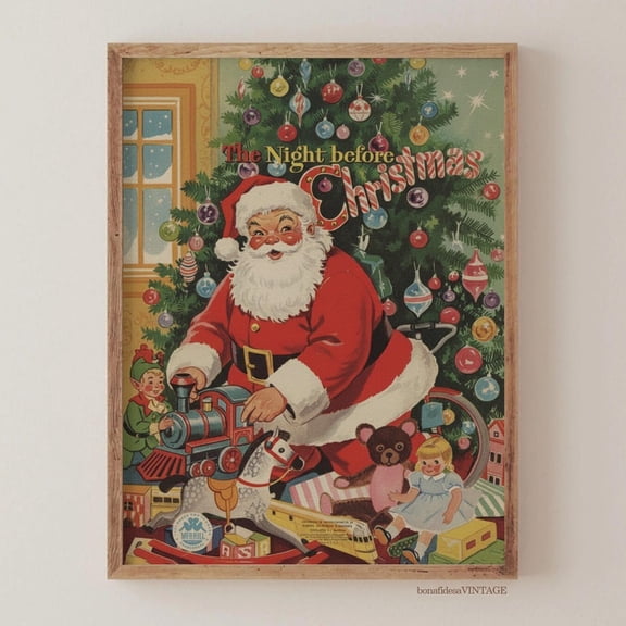 Vintage Jolly Man Art, Toys, Tree, Festive Decorations UNFRAMED PAPER POSTER, Home Decor, Vintage Gift, Living Room Dercor