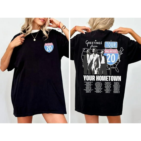 Vintage Jonas Brothers Shirt, Greetings From Your Hometown Route 20 Tour Two Sided T-Shirt,Black Color,Size 2XL