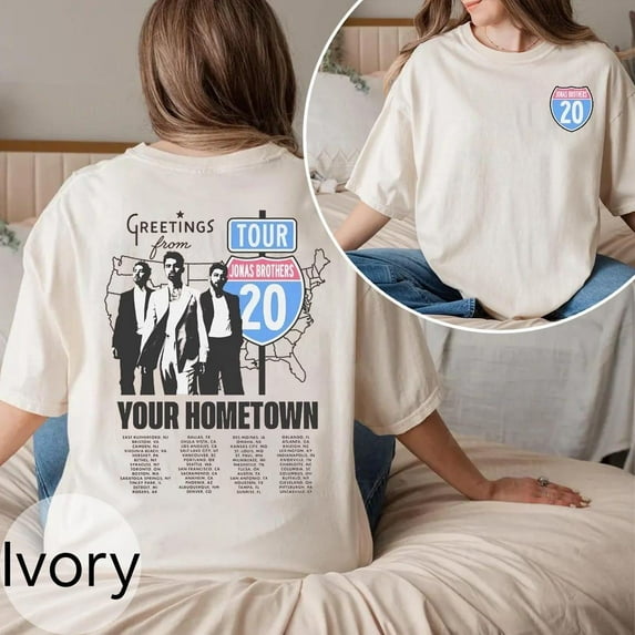 Vintage Jonas Brothers Shirt, Greetings From Your Hometown Route 20 Tour Two Sided T-Shirt,Ivory Color,Size 3XL