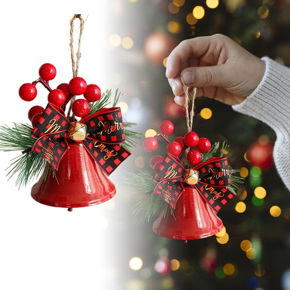 Vintage Jumbo Sleigh Bell Ornaments - Rustic Metal Christmas Bell with Plaid Ribbon for Tree Hanging, Farmhouse Holiday Party Decor