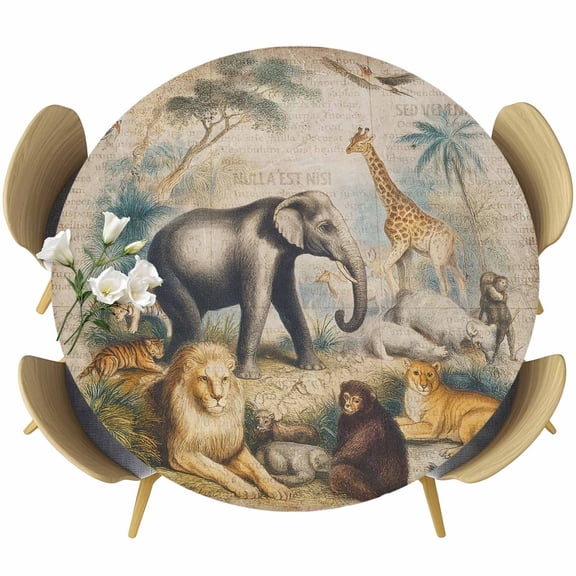 Vintage Jungle Animals Fitted Round Tablecloths Elastic Edged Table Covers 45"-54",Waterproof Table Cloth for Kitchen Holiday Party Tables Decor