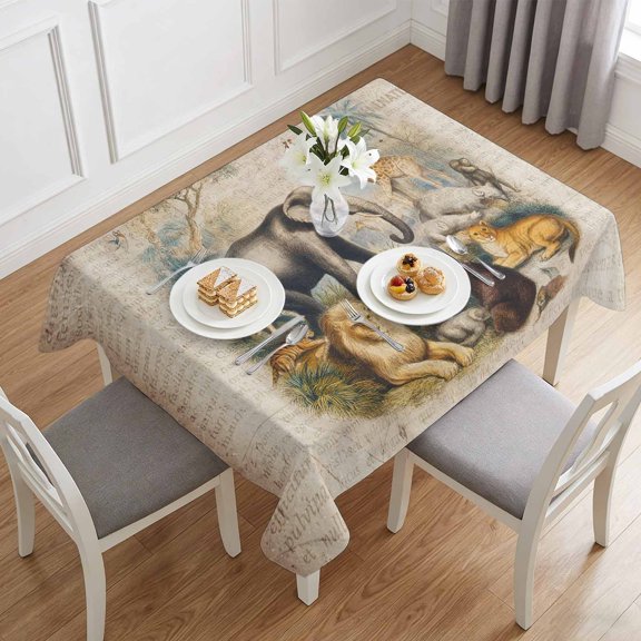 Vintage Jungle Animals Table Cloth 60x84in, Waterproof Rectangle Tablecloth Wipeable Tablecloths Elephants Giraffes Lions Table Covers for Dining Tables Party Indoor Outdoor