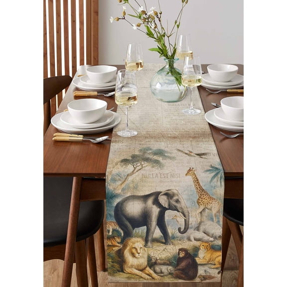 Vintage Jungle Animals Table Runner 13x36in Non-Slip Cotton Linen Table Runners, Elephants Giraffes Lions Dresser Scarves TableRunner for Dinner Kitchen Dining Wedding Party