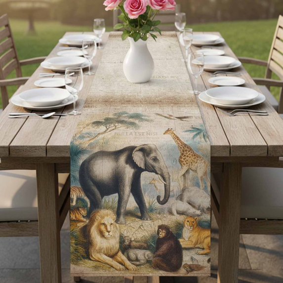 Vintage Jungle Animals Table Runner 90 Inches Long,Kitchen Dining Tablerunners Elephants Giraffes Lions Linen Table Runners Dresser Scarves for Home Dinner Wedding Holiday Party Decor