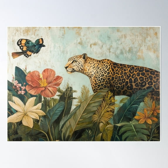 Vintage Jungle Leopard With Tropical Flowers And Butterfly Poster Wall Art, Modern Wall Decor For Living Room Bedroom, 12x18 UNFRAMED