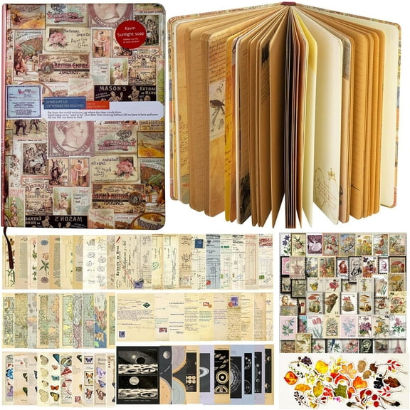 Vintage Junk Journal Notebook Blank Bullet Journals, Travel Journal, Writing Journal for Personal Diary Aesthetic Notebook with Scrapbook Paper, Stamp Stickers for Women Writing and Drawing Needs
