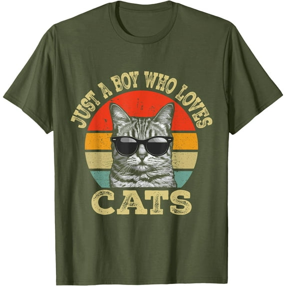 Vintage Just A Boy Who Loves Cats Unisex T-Shirt for Men Women Kids Toddler,Military Green Color,Size 5/6