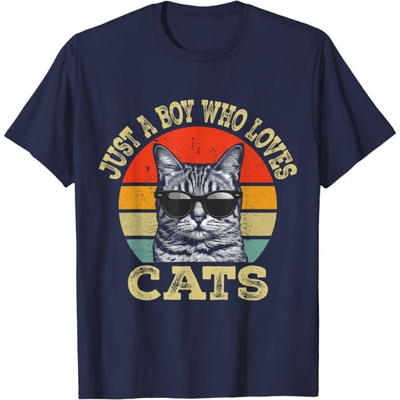 Vintage Just A Boy Who Loves Cats Unisex T-Shirt for Men Women Kids Toddler,Navy Color,Size 4XL